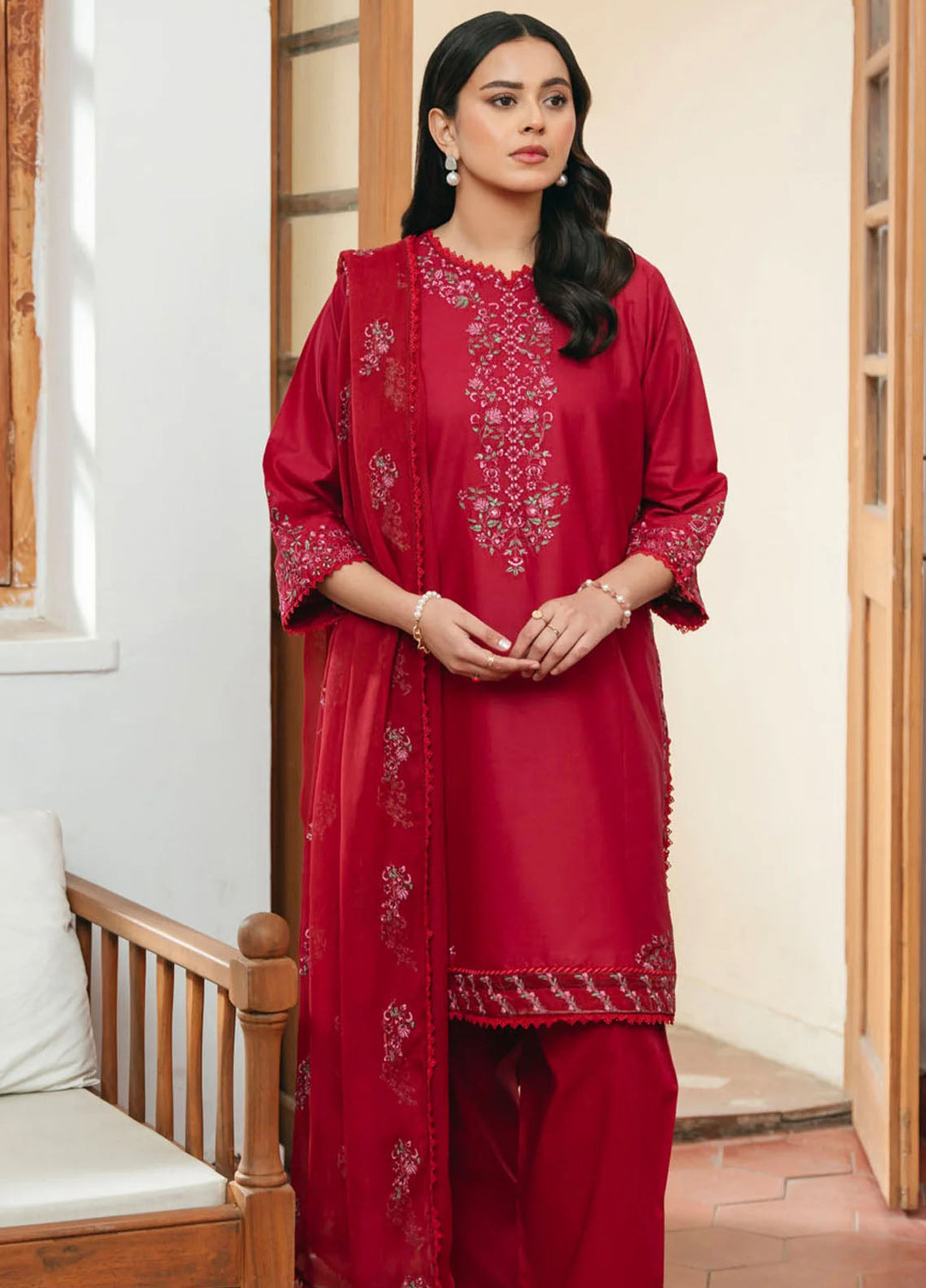 Mannat Clothing Pret Embroidered Lawn 3 Piece Suit Carmine