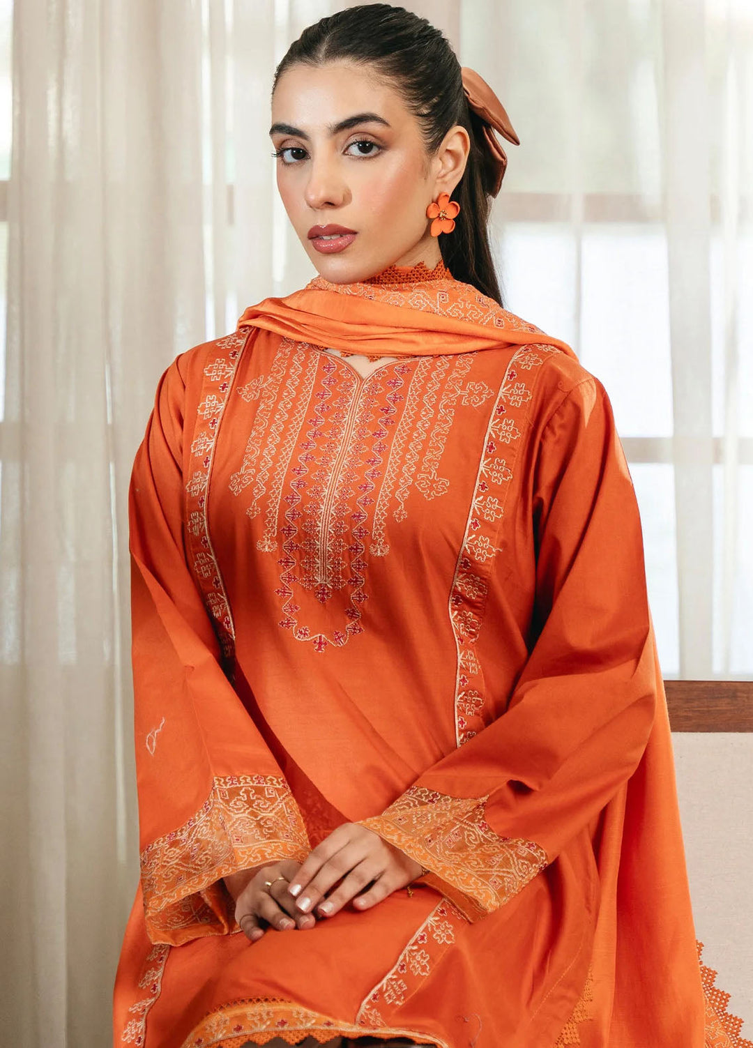 Mannat Clothing Pret Embroidered Lawn 3 Piece Suit Rust