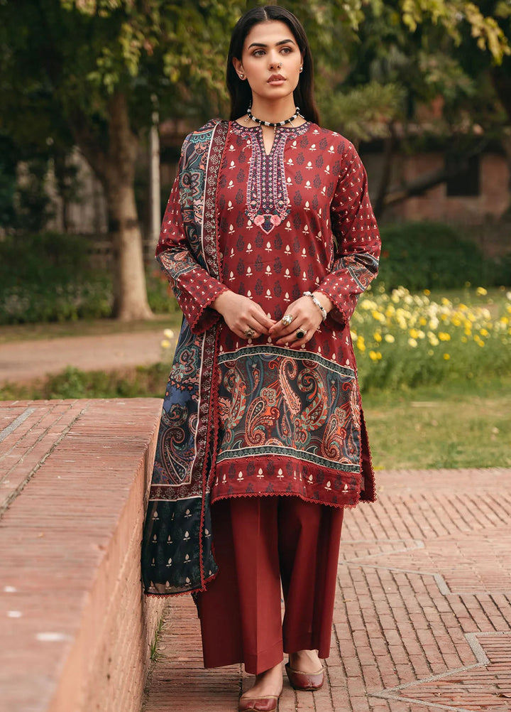 Mannat Pret Printed Cotton Lawn 3 Piece Suit Mahogany