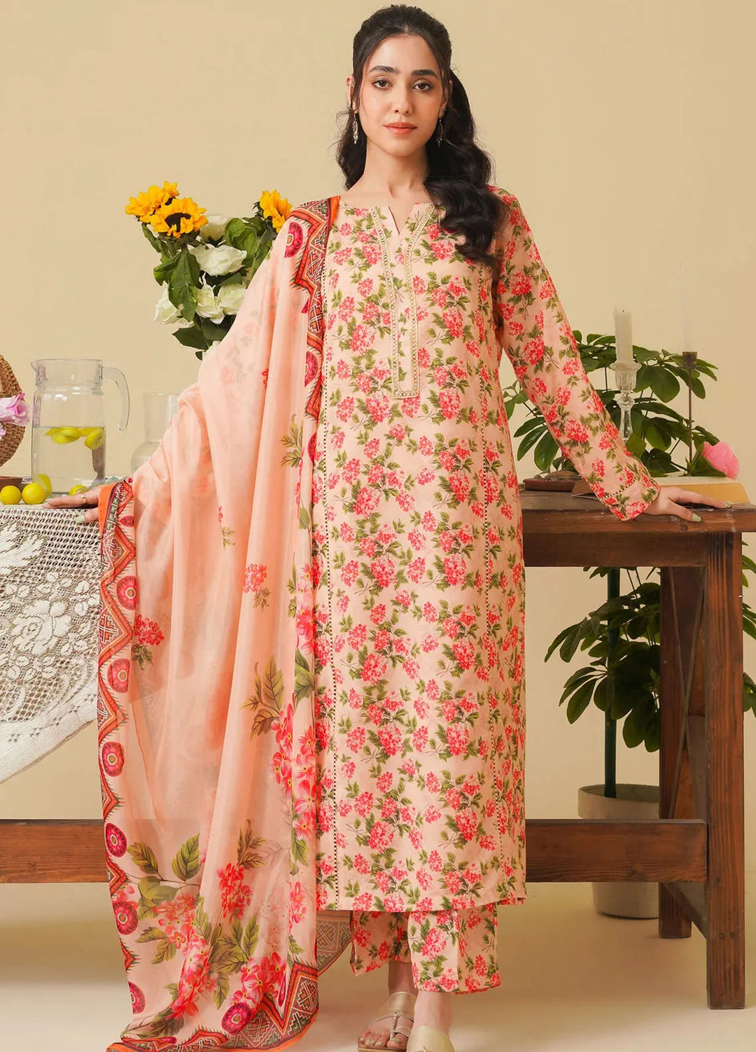 Mannat Pret Printed Poly Lawn 3 Piece Suit Lotus