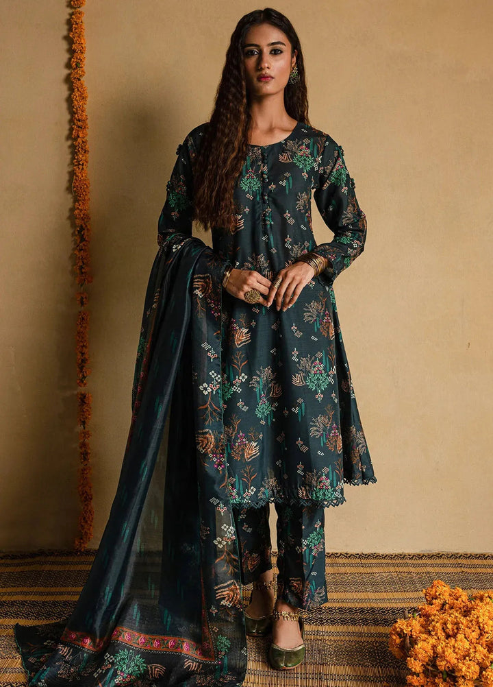 Mannat Pret Printed Raw Silk 3 Piece Suit Sabzeena