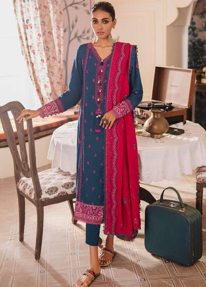 Manzil by Cross Stitch Embroidered Linen Suits Unstitched 3 Piece CS21KL D-03 PAVOT BLUE - Winter Collection