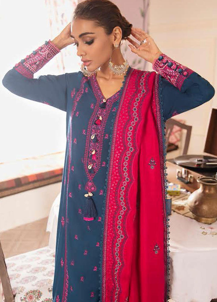 Manzil by Cross Stitch Embroidered Linen Suits Unstitched 3 Piece CS21KL D-03 PAVOT BLUE - Winter Collection