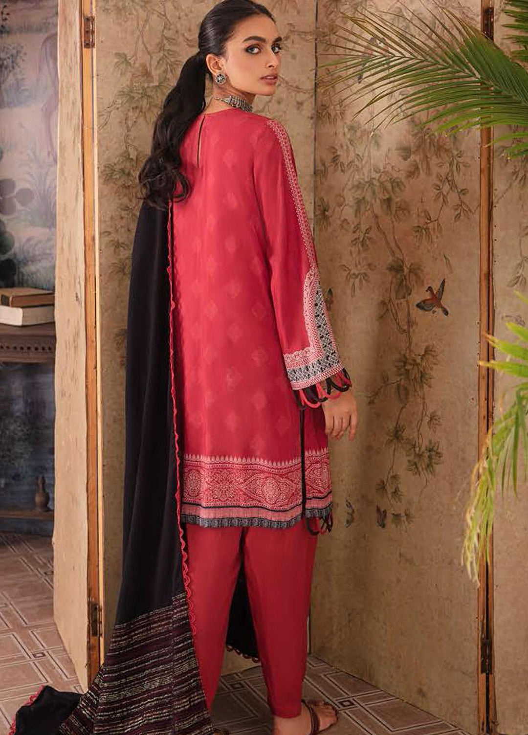 Manzil by Cross Stitch Embroidered Linen Suits Unstitched 3 Piece CS21KL D-06 CARDINAL MALLOW - Winter Collection