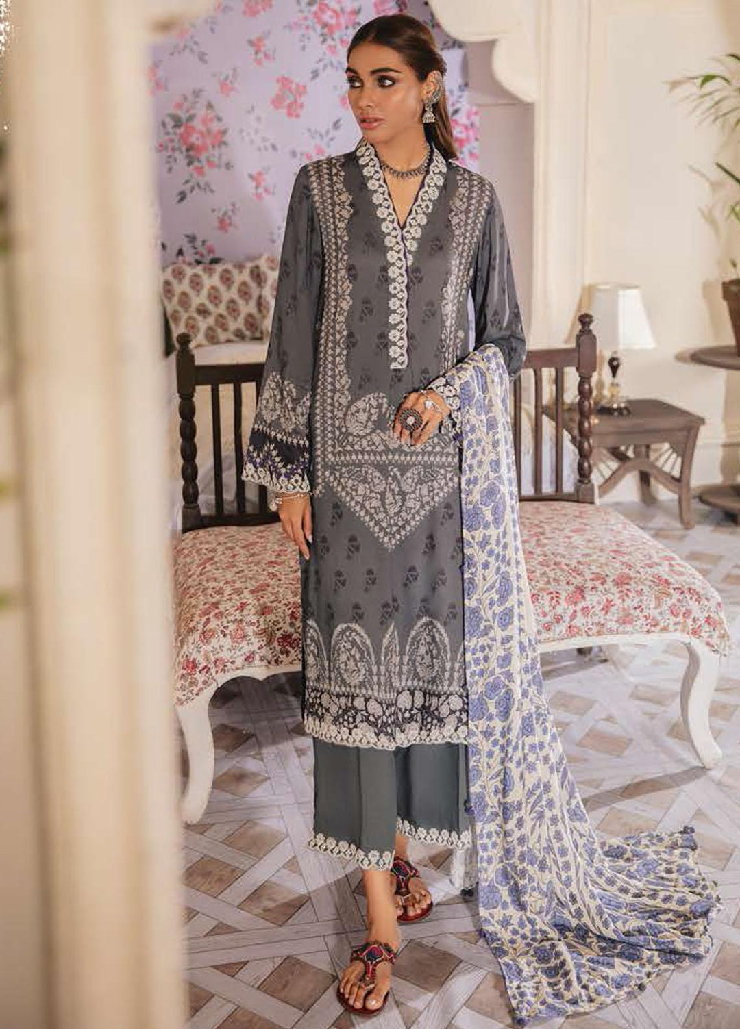 Manzil by Cross Stitch Embroidered Linen Suits Unstitched 3 Piece CS21KL D-08 IMPERIAL IVOR - Winter Collection