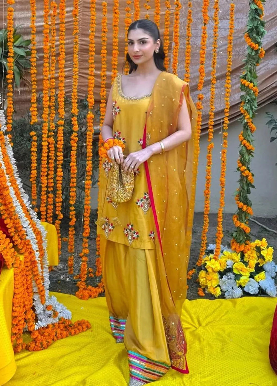 Maria Osama Khan Pret Embroidered Raw Silk 3 Piece Suit Marigold Muse