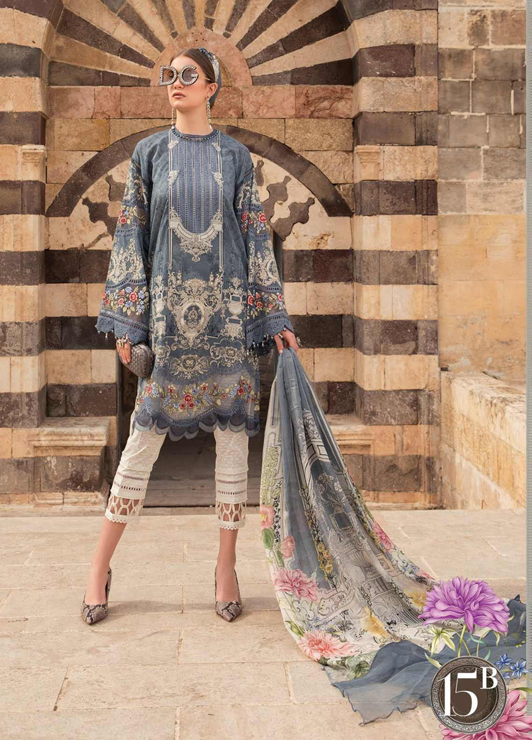Maria B Embroidered Lawn Suits Unstitched 3 Piece MB21L 15-B - Summer Collection