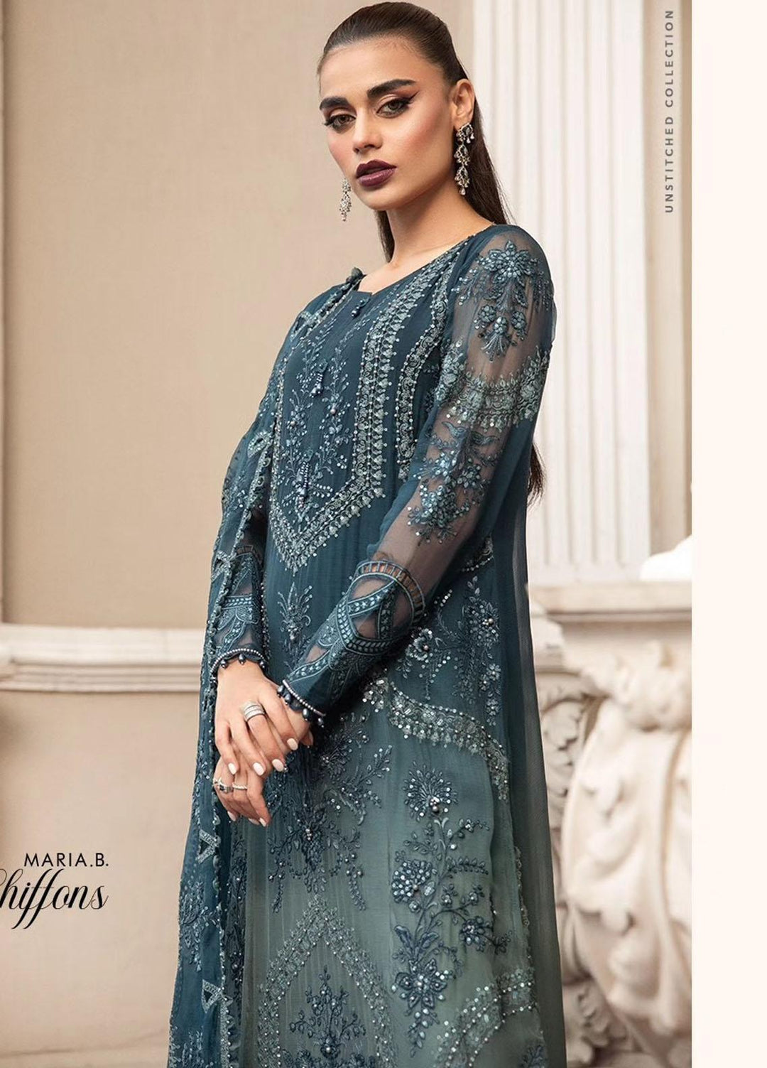 Maria B Embroidered Chiffon Suits Unstitched 4 Piece MB23SC D2 - Luxury Collection