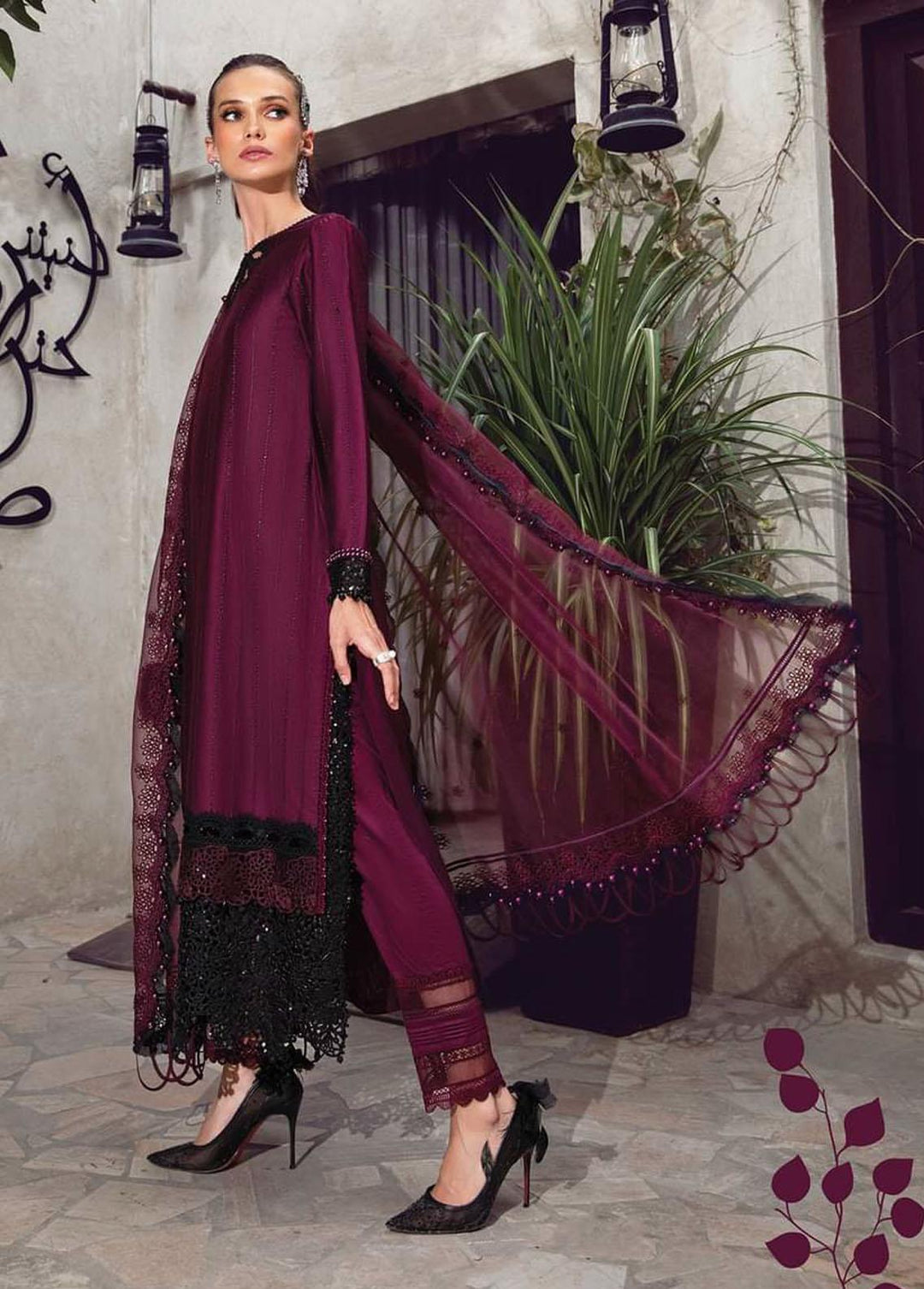 Sateen By Maria B Embroidered Cotton Satin Suits Unstitched 3 Piece MB22S D1 - Luxury Collection