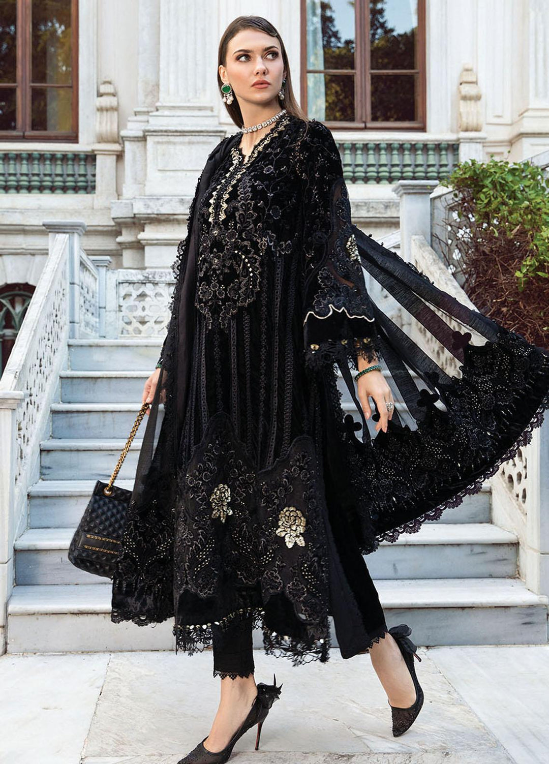 Maria B Embroidered Velvet Suits Unstitched 3 Piece MB23LN D11 - Luxury Winter Collection