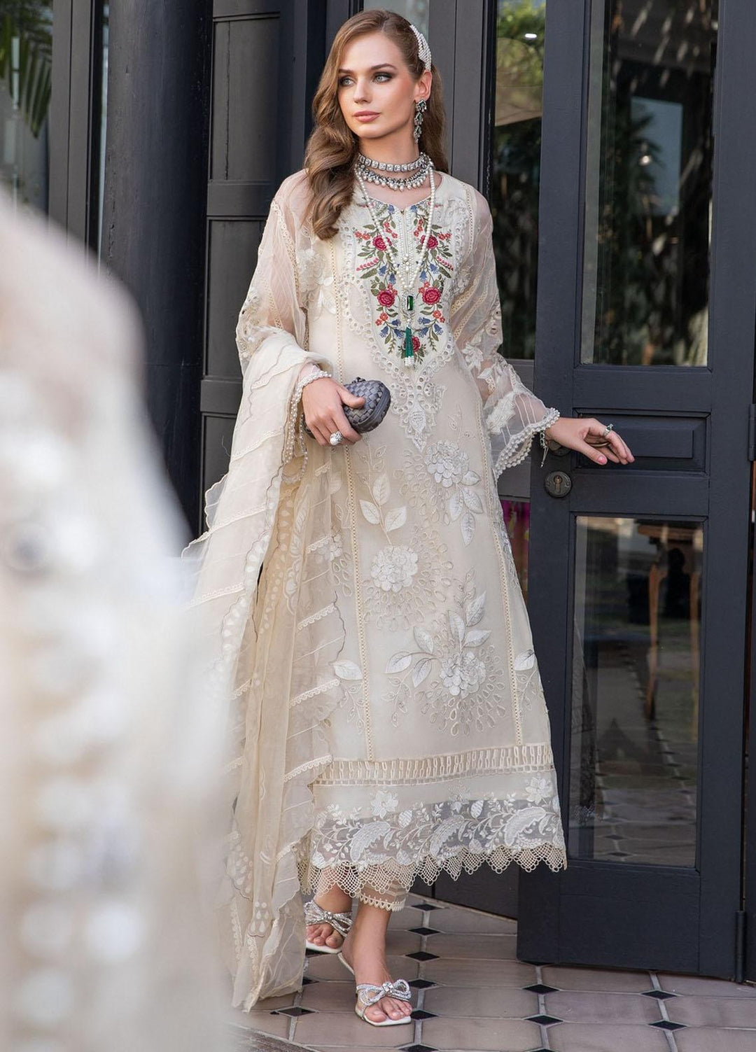 Maria B Embroidered Organza Suits Unstitched 4 Piece MB23LE D-01 Celestial Light - Eid Collection