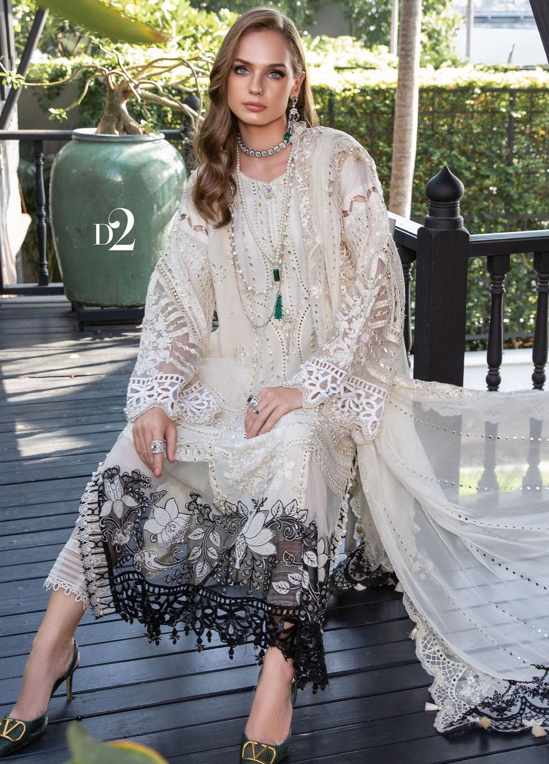 Maria B Embroidered Lawn Suits Unstitched 3 Piece MB23LE D-02 Magnificent Alabaster - Eid Collection