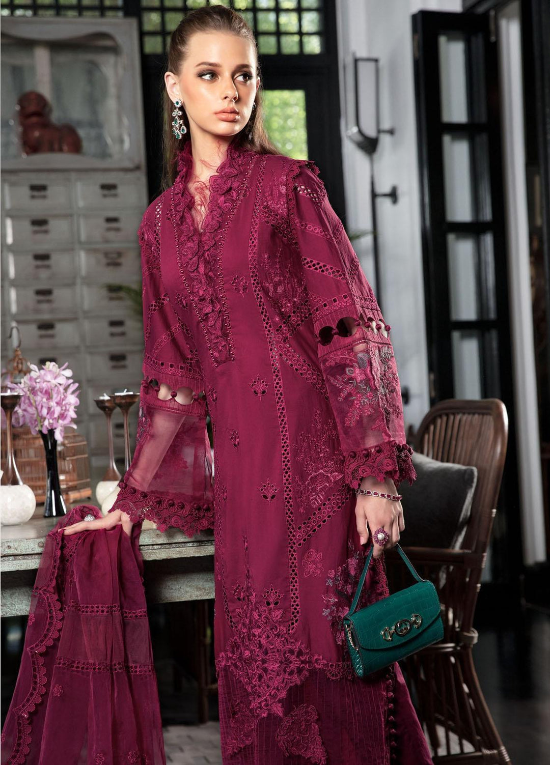 Maria B Embroidered Lawn Suits Unstitched 3 Piece MB23LE D-09 Scenic Scarlet - Eid Collection