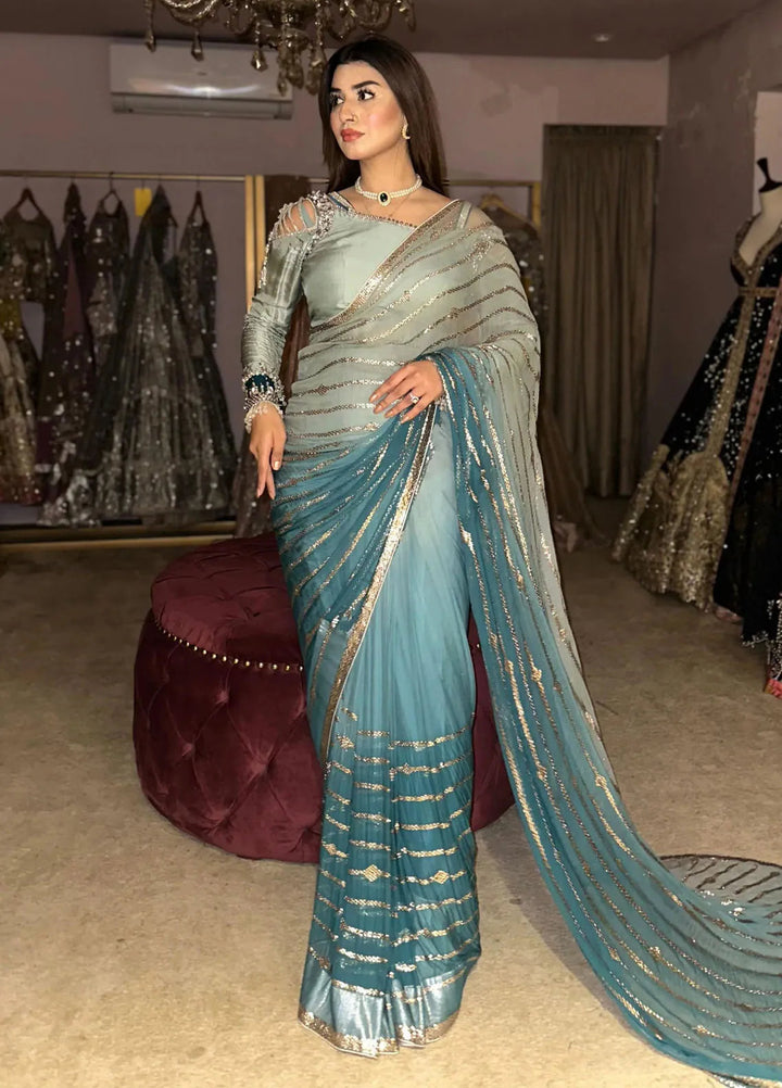 Maria Osama Khan Pret Embroidered Chiffon Blue Saree