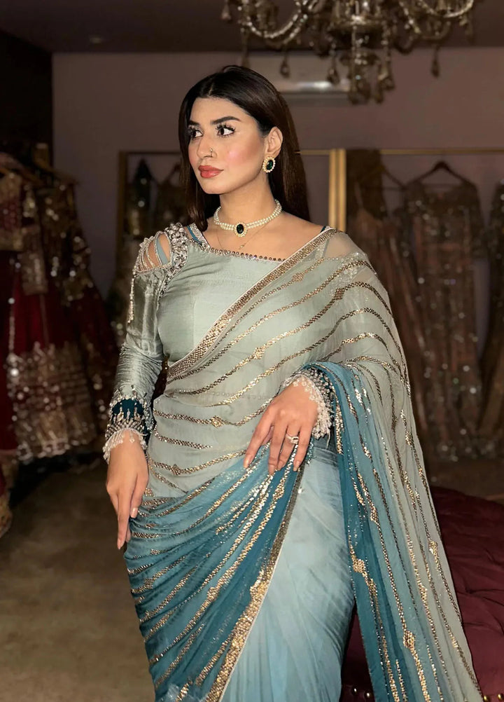 Maria Osama Khan Pret Embroidered Chiffon Blue Saree