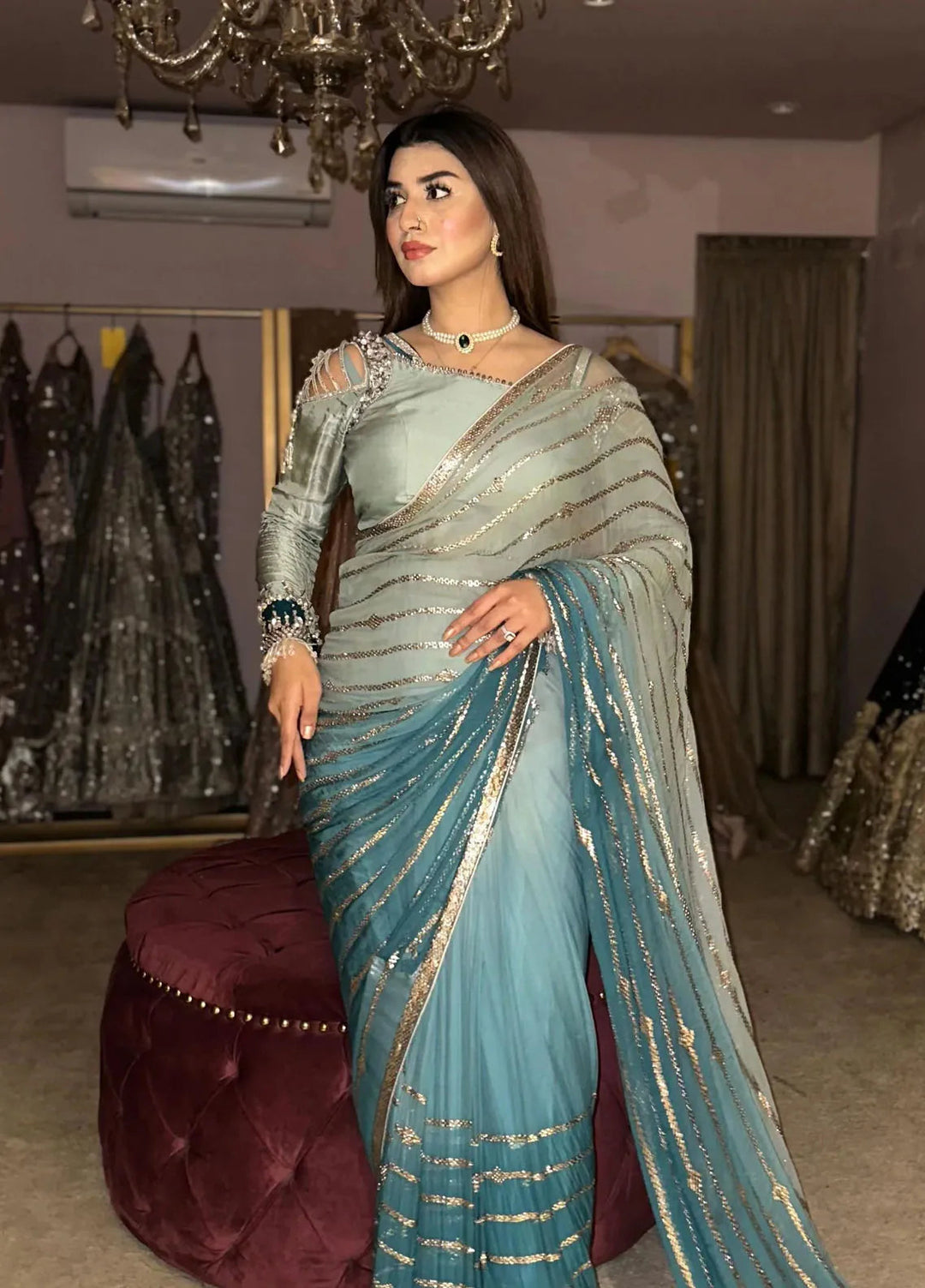 Maria Osama Khan Pret Embroidered Chiffon Blue Saree