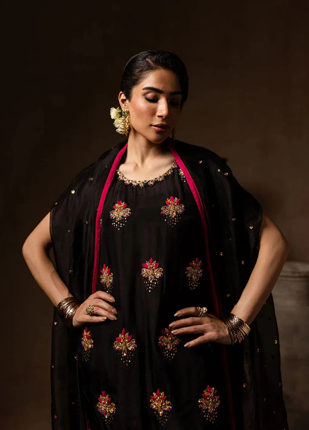 Maria Osama Khan Pret Embroidered Raw Silk 3 Piece Suit Charcoal Charm