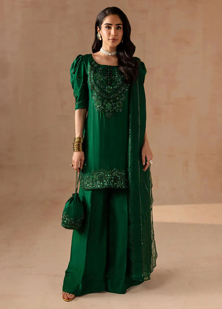 Maria Osama Khan Pret Embroidered Raw Silk 3 Piece Suit Emerald Green