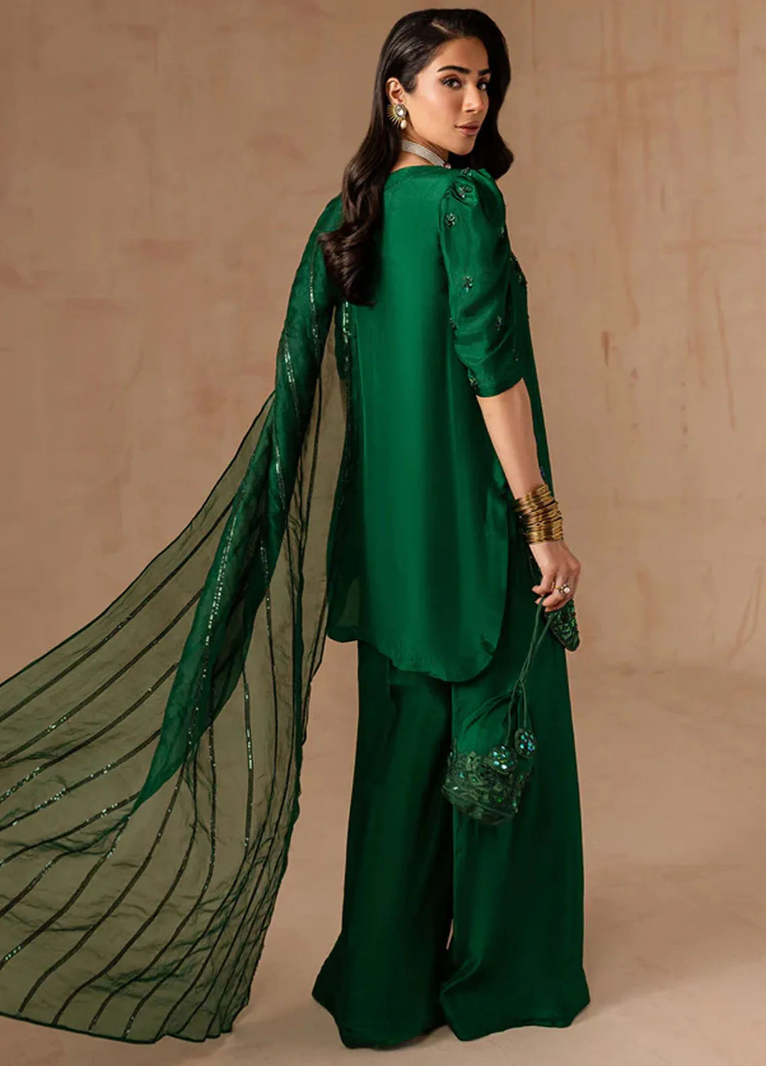Maria Osama Khan Pret Embroidered Raw Silk 3 Piece Suit Emerald Green