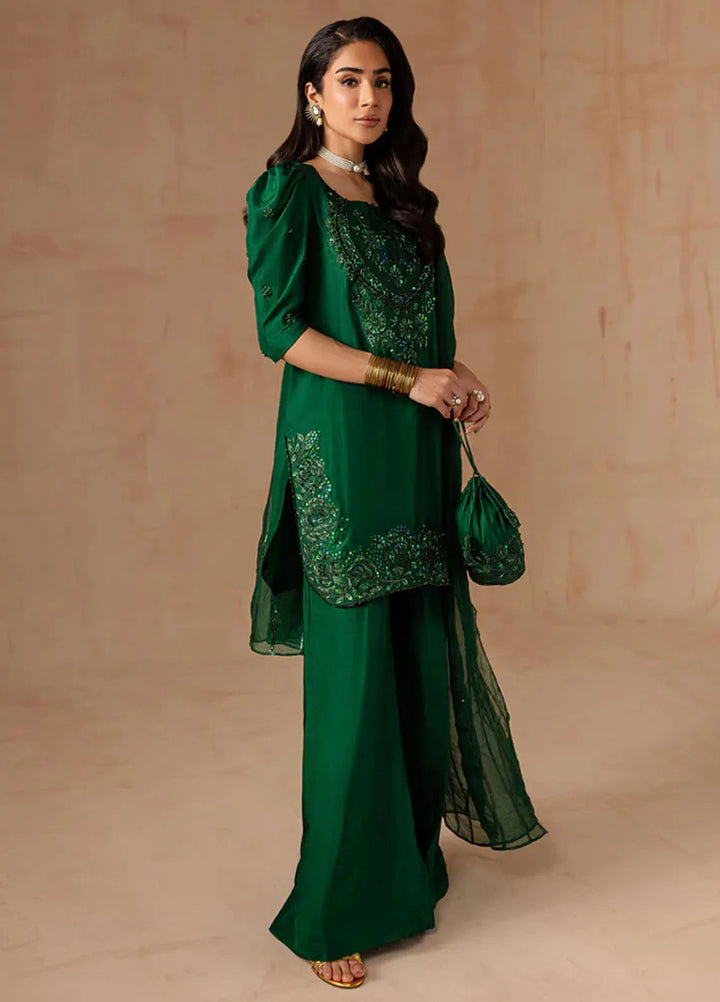 Maria Osama Khan Pret Embroidered Raw Silk 3 Piece Suit Emerald Green