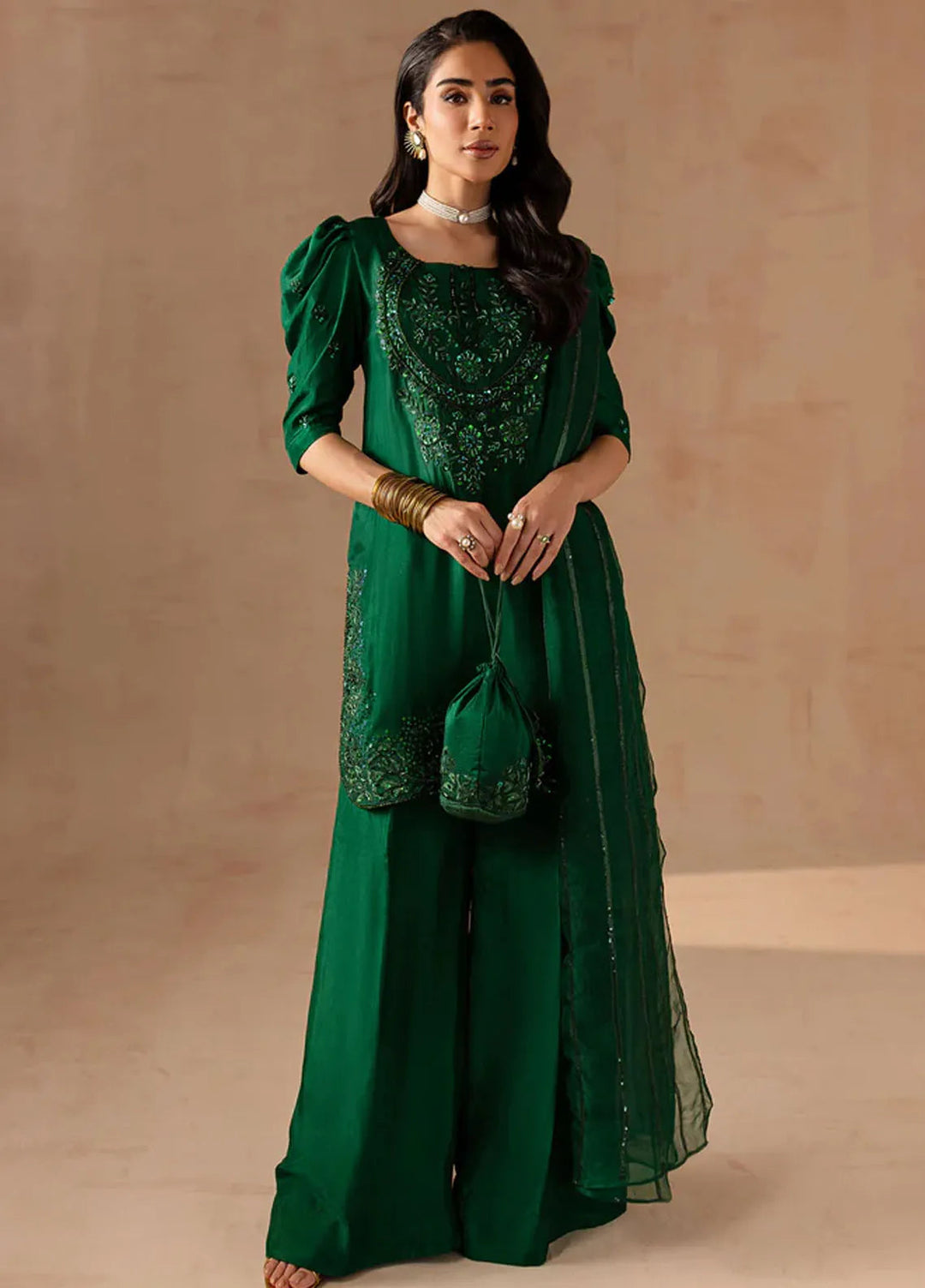Maria Osama Khan Pret Embroidered Raw Silk 3 Piece Suit Emerald Green
