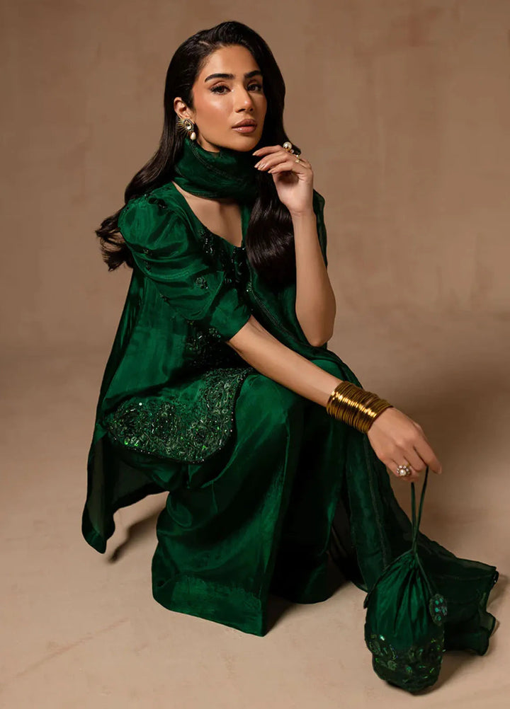 Maria Osama Khan Pret Embroidered Raw Silk 3 Piece Suit Emerald Green