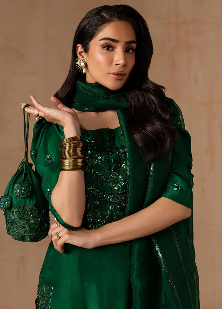 Maria Osama Khan Pret Embroidered Raw Silk 3 Piece Suit Emerald Green