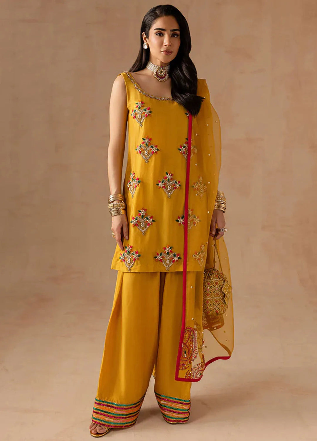Maria Osama Khan Pret Embroidered Raw Silk 3 Piece Suit Marigold Muse