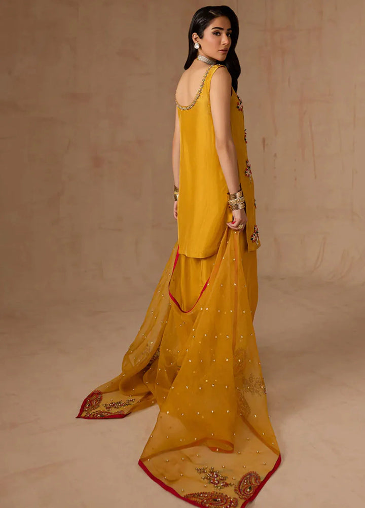 Maria Osama Khan Pret Embroidered Raw Silk 3 Piece Suit Marigold Muse