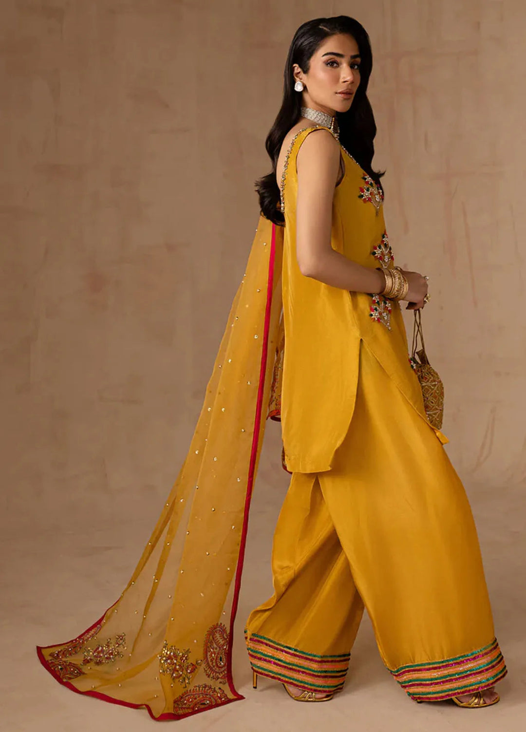 Maria Osama Khan Pret Embroidered Raw Silk 3 Piece Suit Marigold Muse