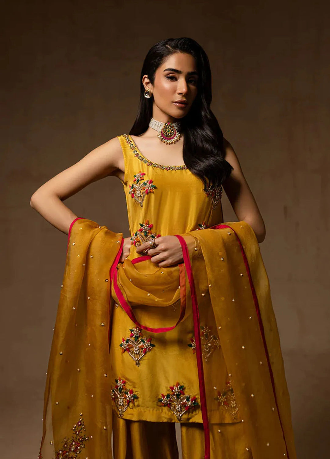 Maria Osama Khan Pret Embroidered Raw Silk 3 Piece Suit Marigold Muse