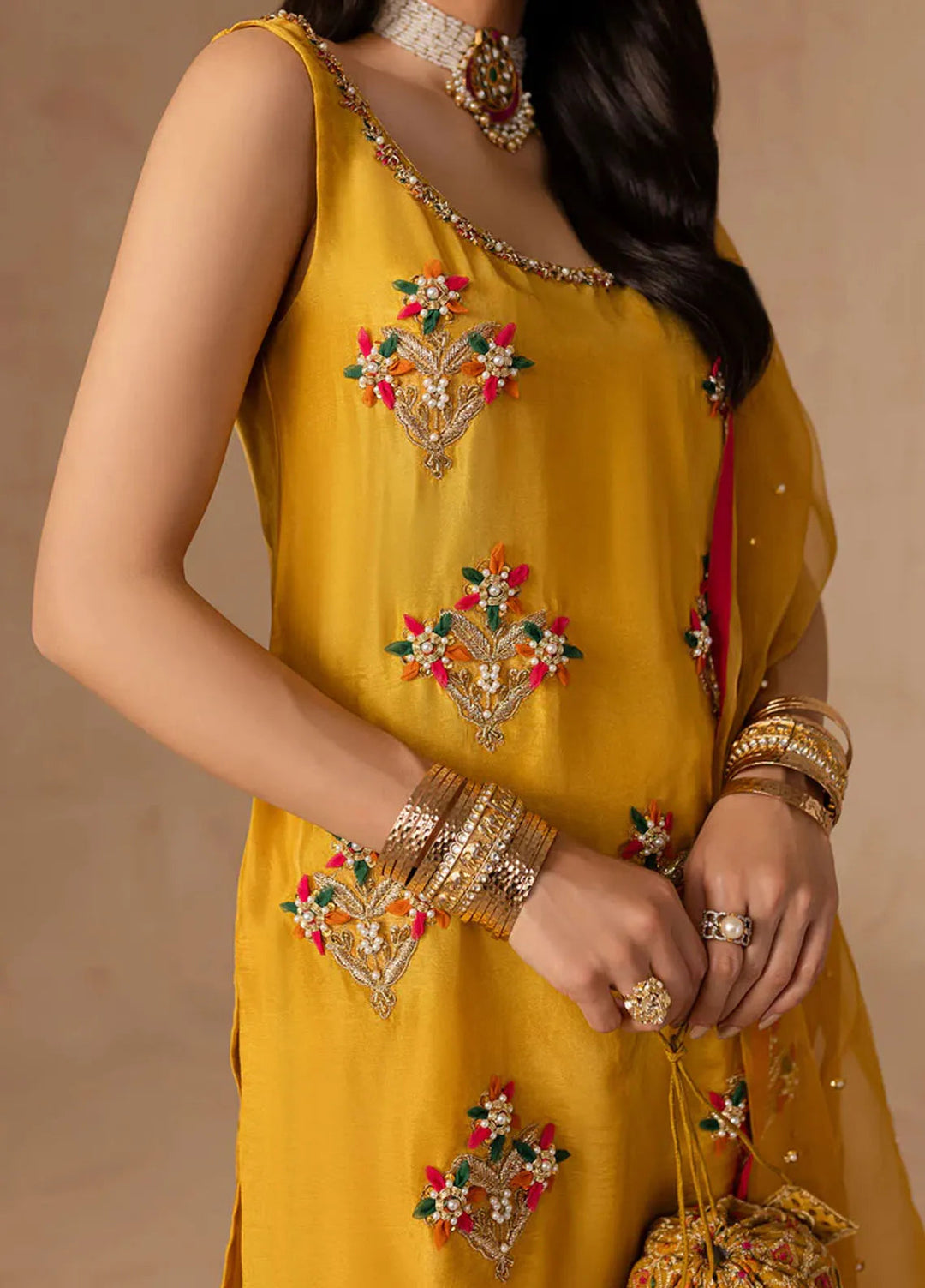 Maria Osama Khan Pret Embroidered Raw Silk 3 Piece Suit Marigold Muse