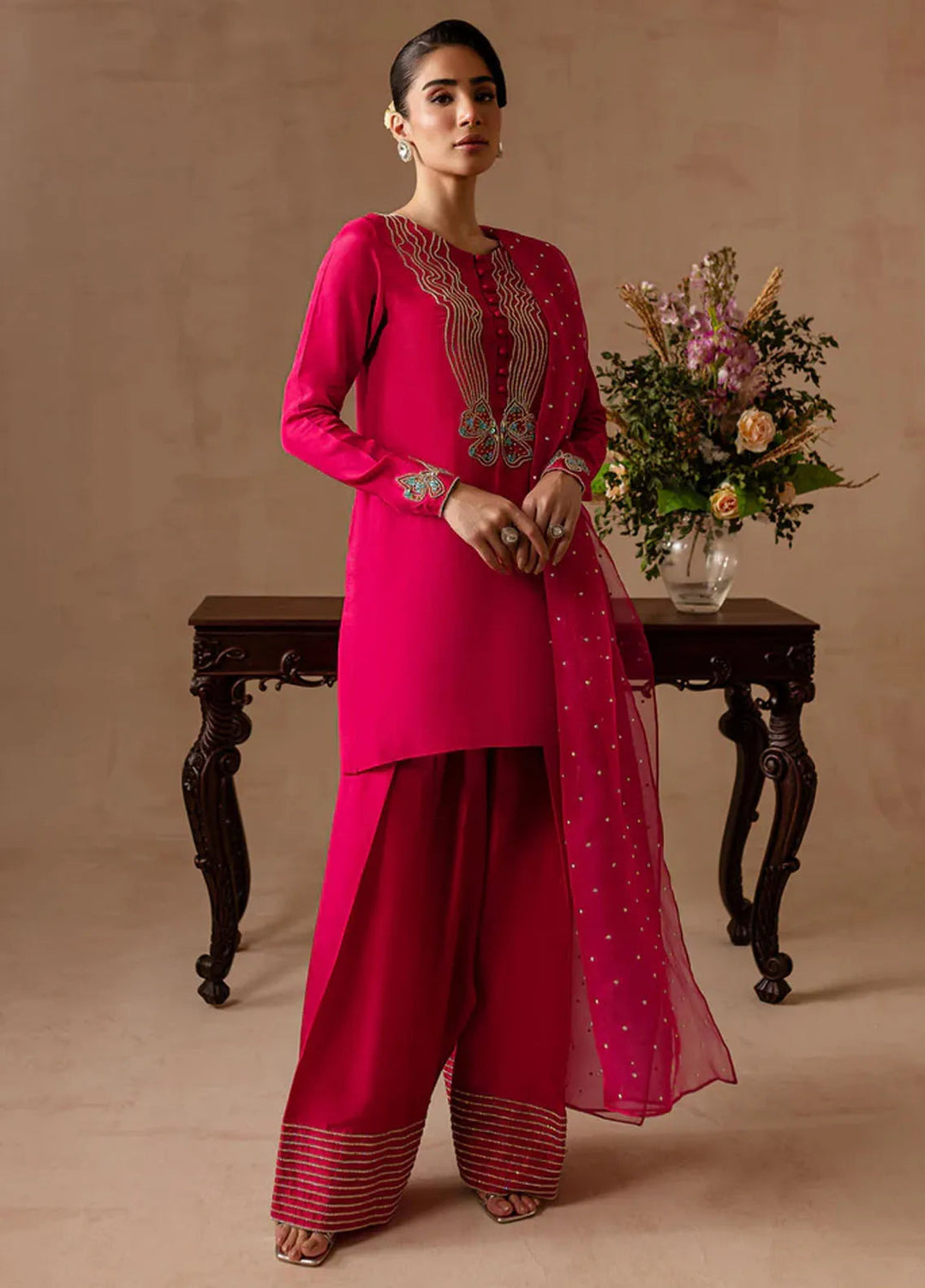 Maria Osama Khan Pret Embroidered Raw Silk 3 Piece Suit Peony