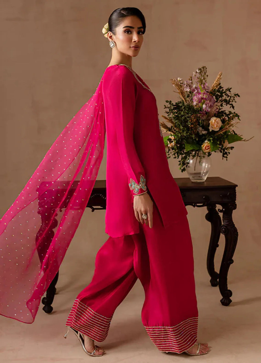 Maria Osama Khan Pret Embroidered Raw Silk 3 Piece Suit Peony
