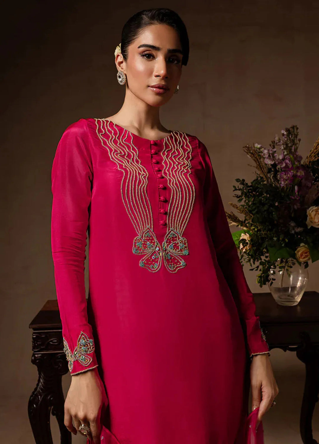 Maria Osama Khan Pret Embroidered Raw Silk 3 Piece Suit Peony