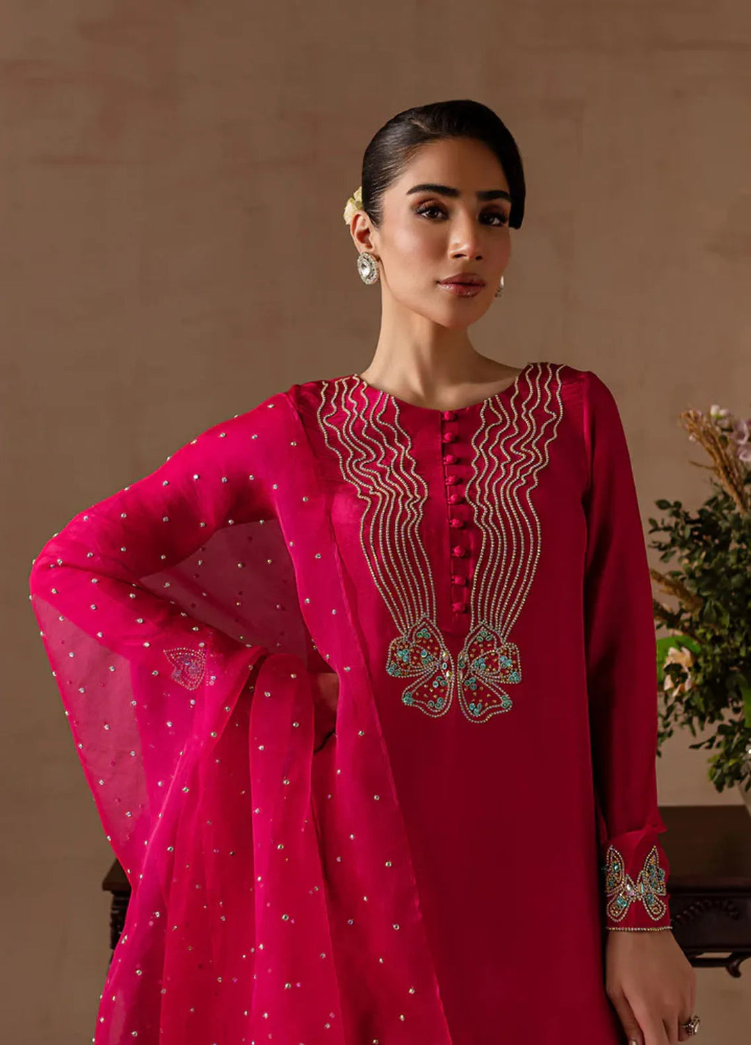 Maria Osama Khan Pret Embroidered Raw Silk 3 Piece Suit Peony