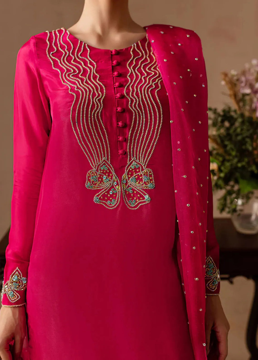 Maria Osama Khan Pret Embroidered Raw Silk 3 Piece Suit Peony