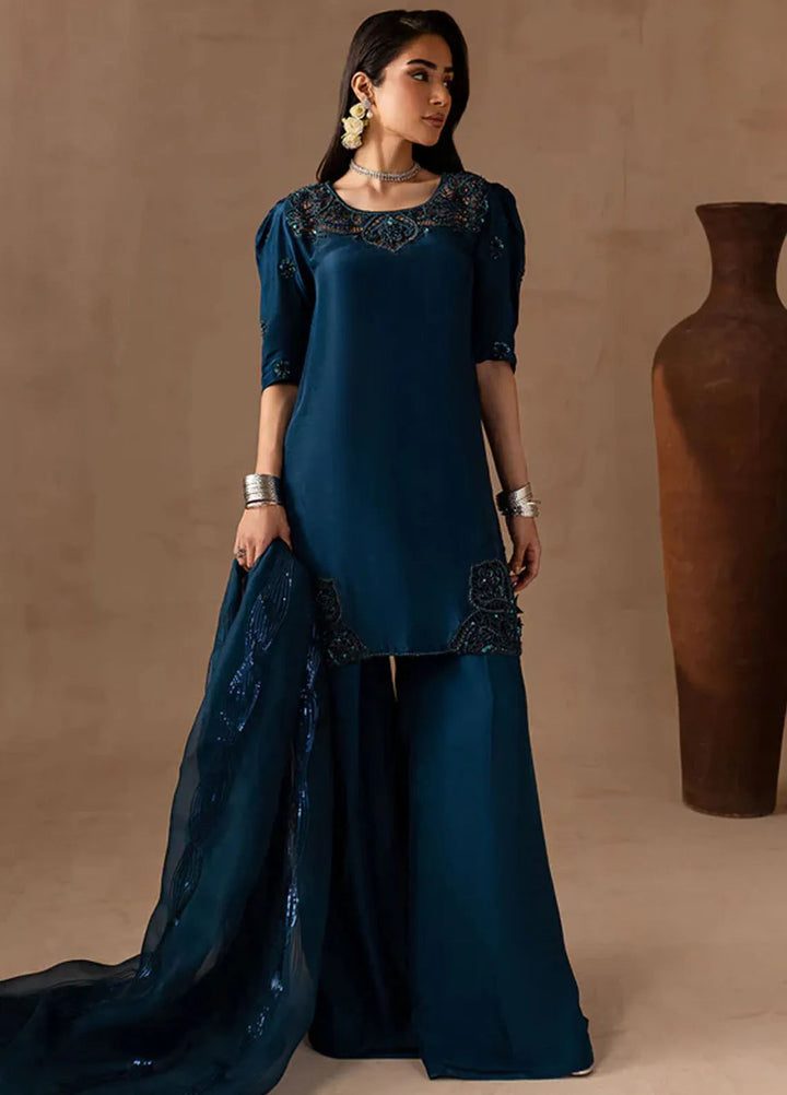Maria Osama Khan Pret Embroidered Raw Silk 3 Piece Suit Royal Sapphire