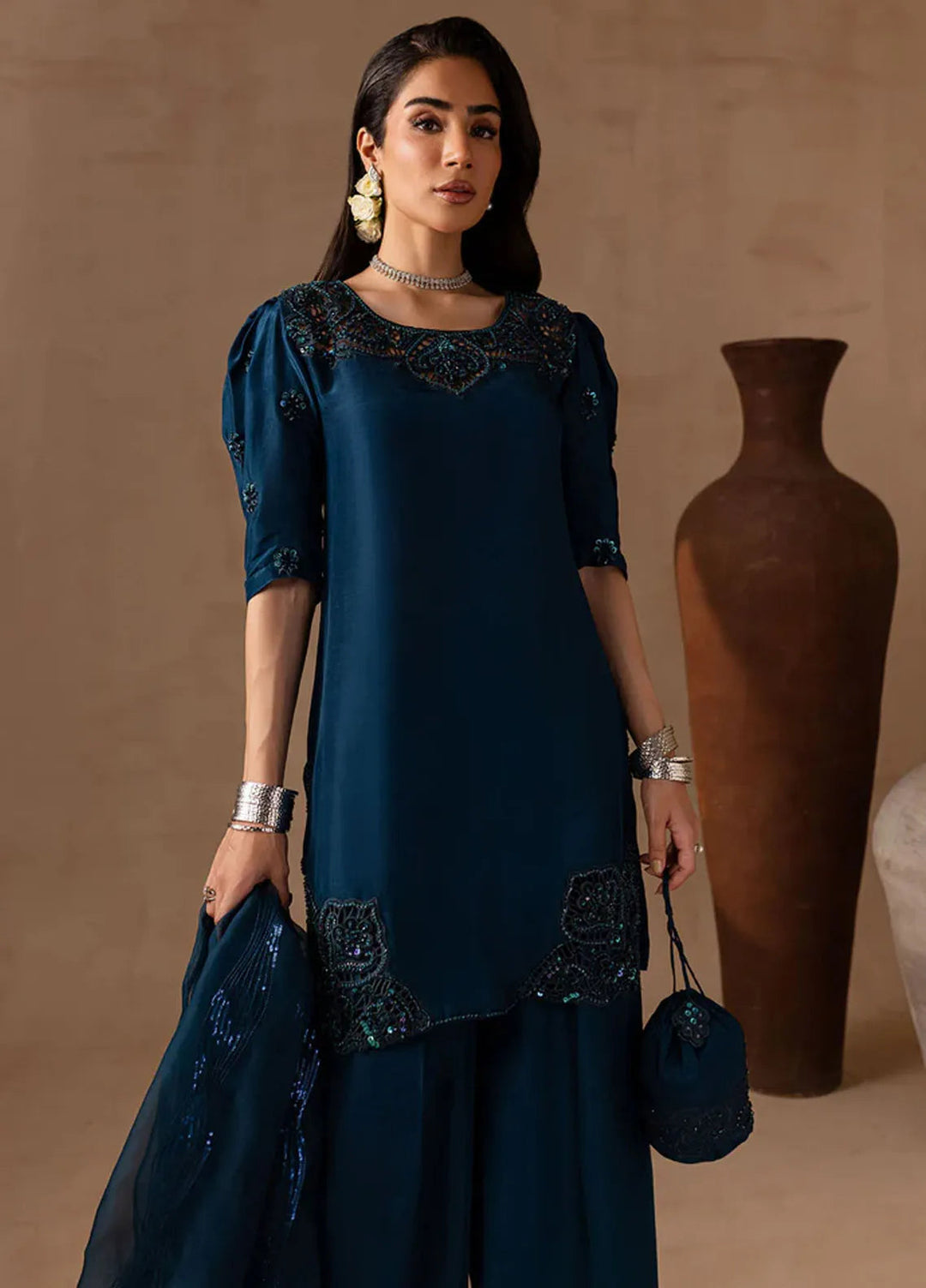 Maria Osama Khan Pret Embroidered Raw Silk 3 Piece Suit Royal Sapphire