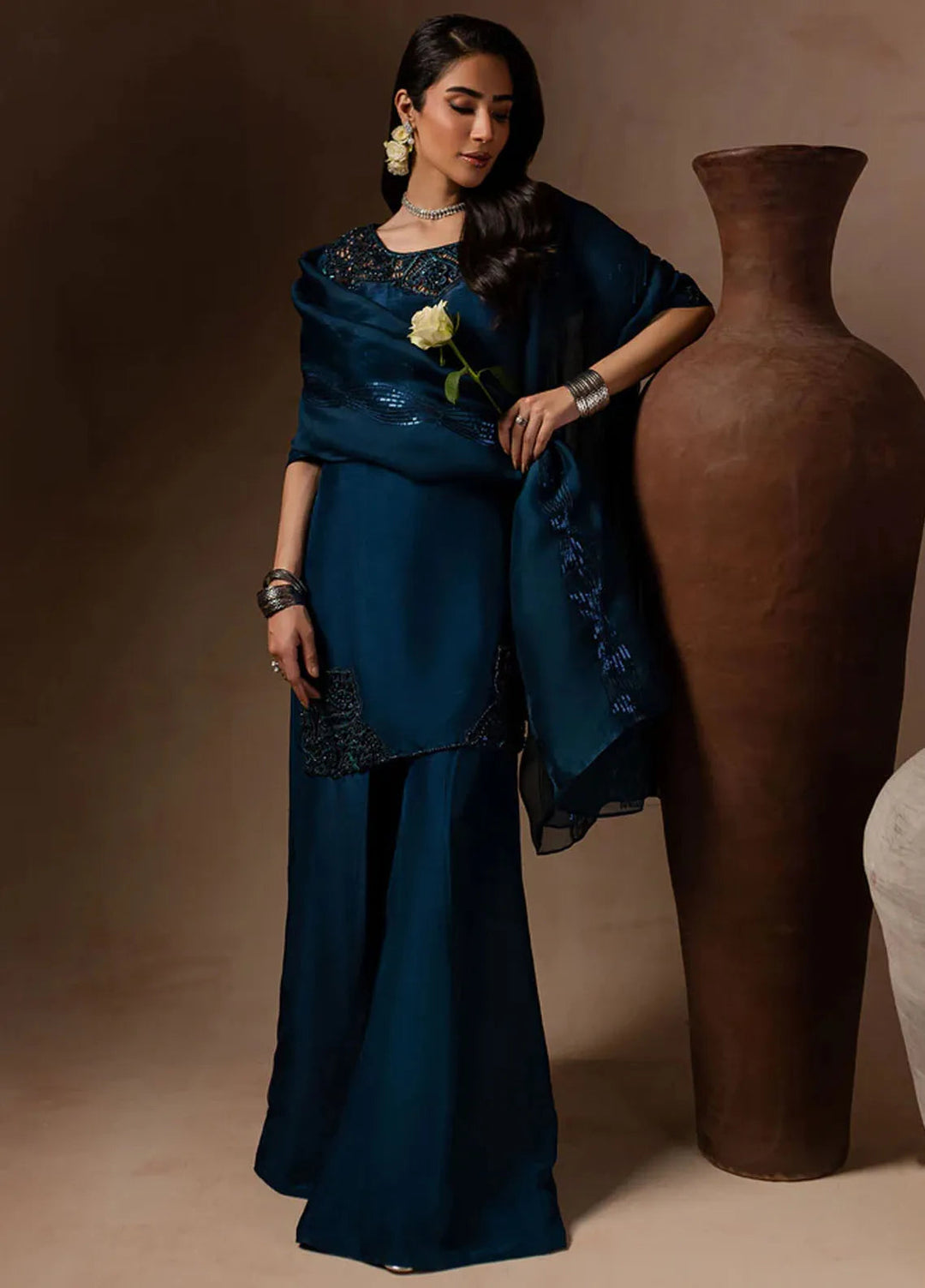 Maria Osama Khan Pret Embroidered Raw Silk 3 Piece Suit Royal Sapphire