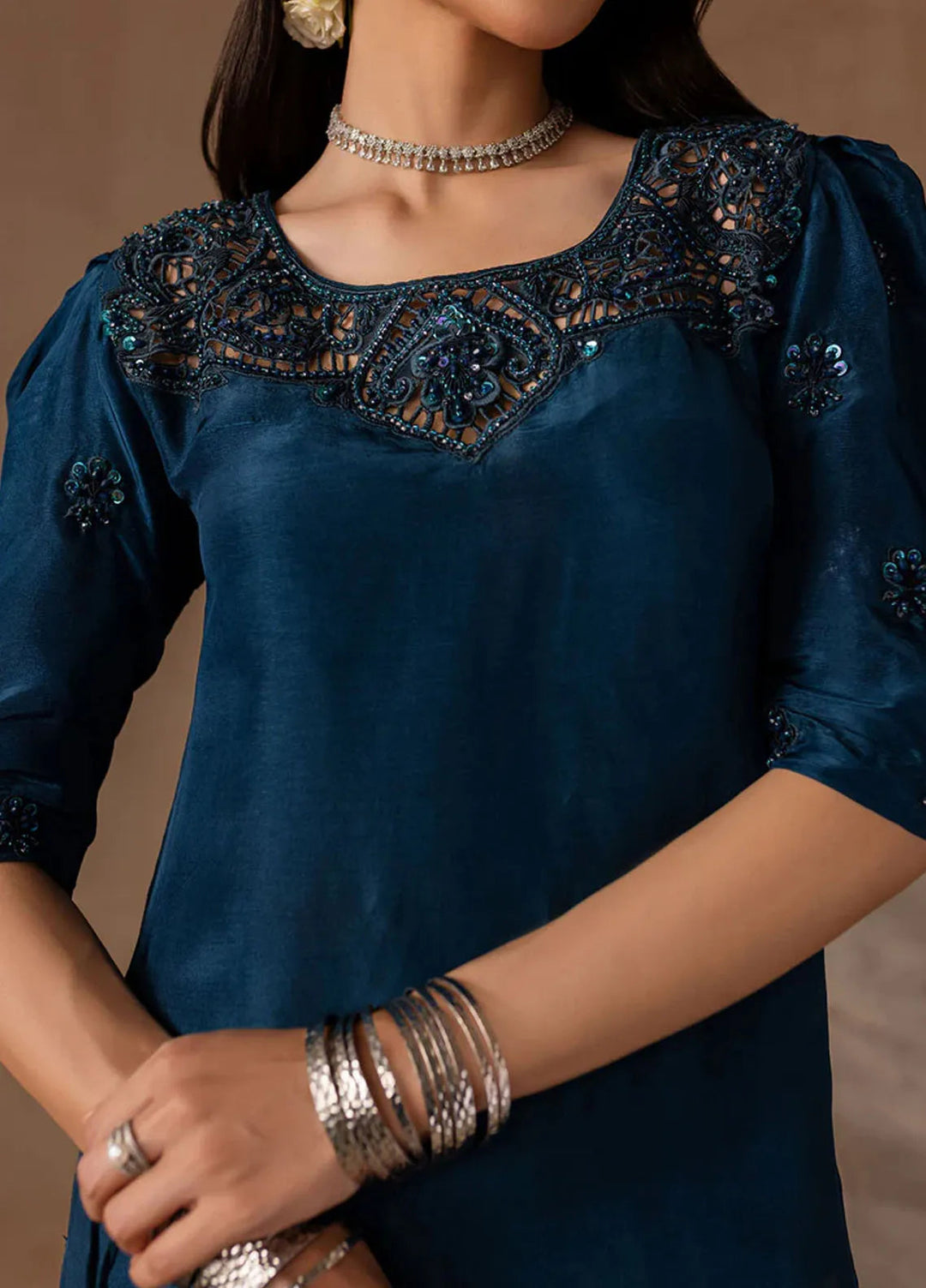 Maria Osama Khan Pret Embroidered Raw Silk 3 Piece Suit Royal Sapphire