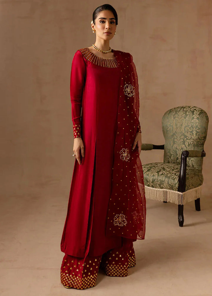 Maria Osama Khan Pret Embroidered Raw Silk 3 Piece Suit Ruby