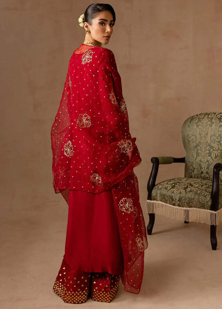 Maria Osama Khan Pret Embroidered Raw Silk 3 Piece Suit Ruby