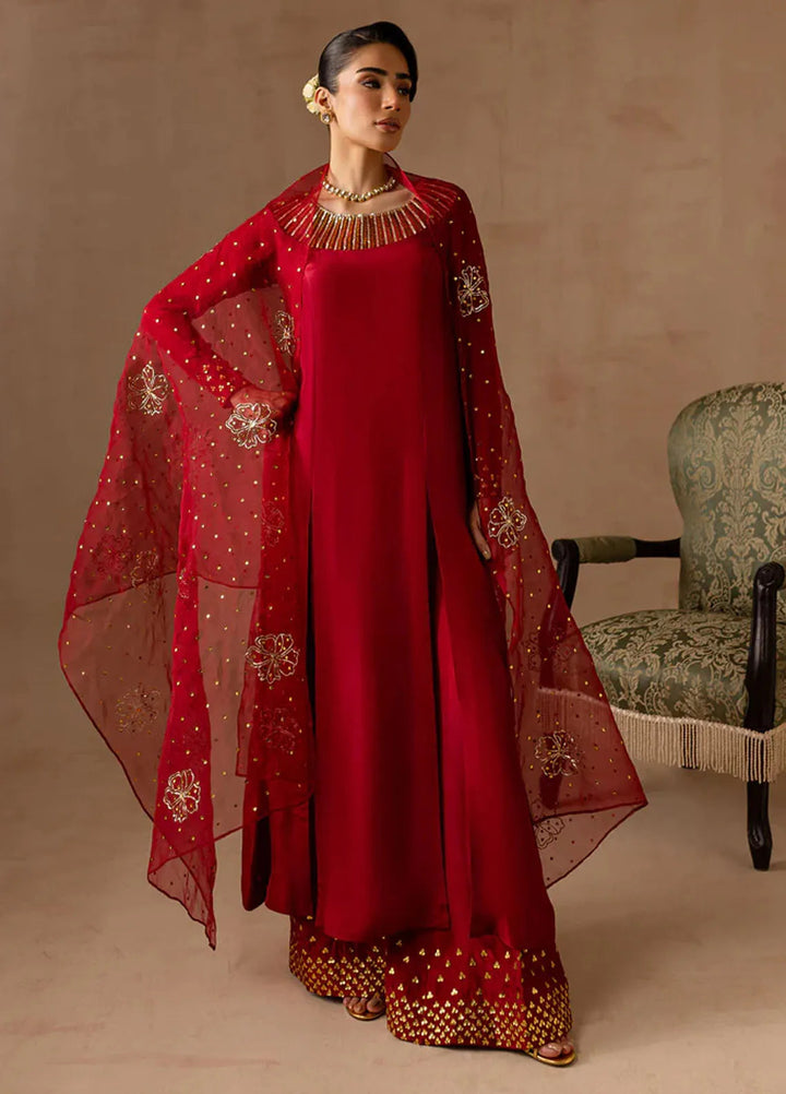 Maria Osama Khan Pret Embroidered Raw Silk 3 Piece Suit Ruby