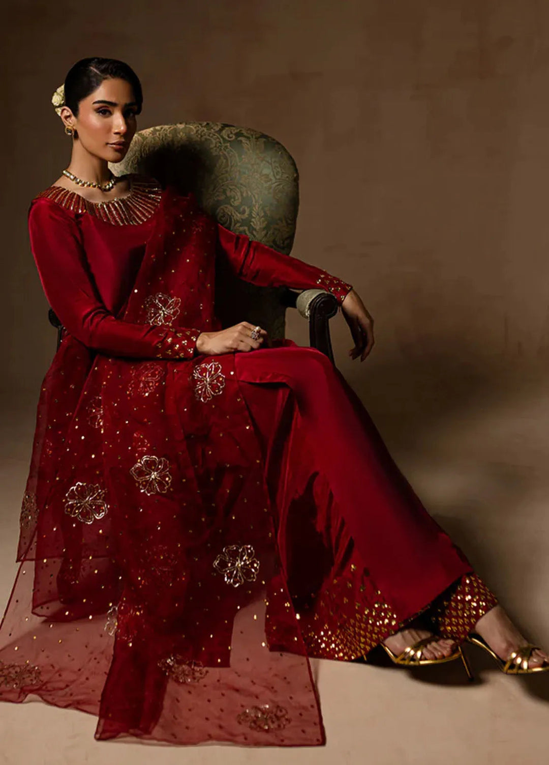 Maria Osama Khan Pret Embroidered Raw Silk 3 Piece Suit Ruby