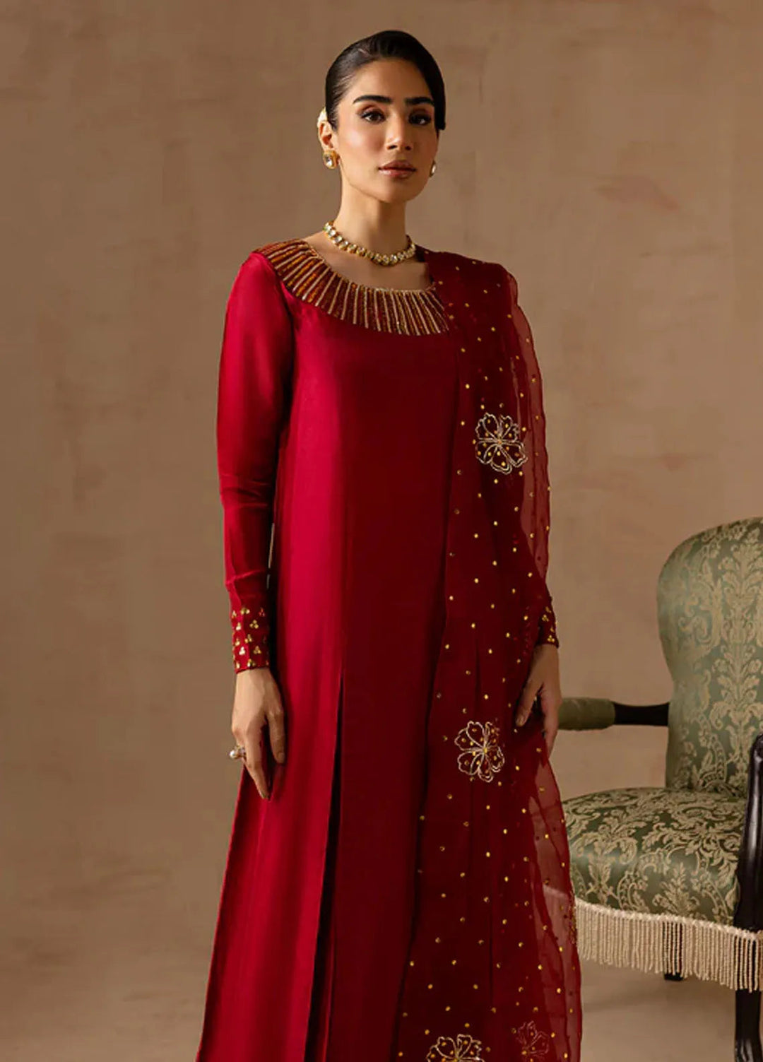 Maria Osama Khan Pret Embroidered Raw Silk 3 Piece Suit Ruby