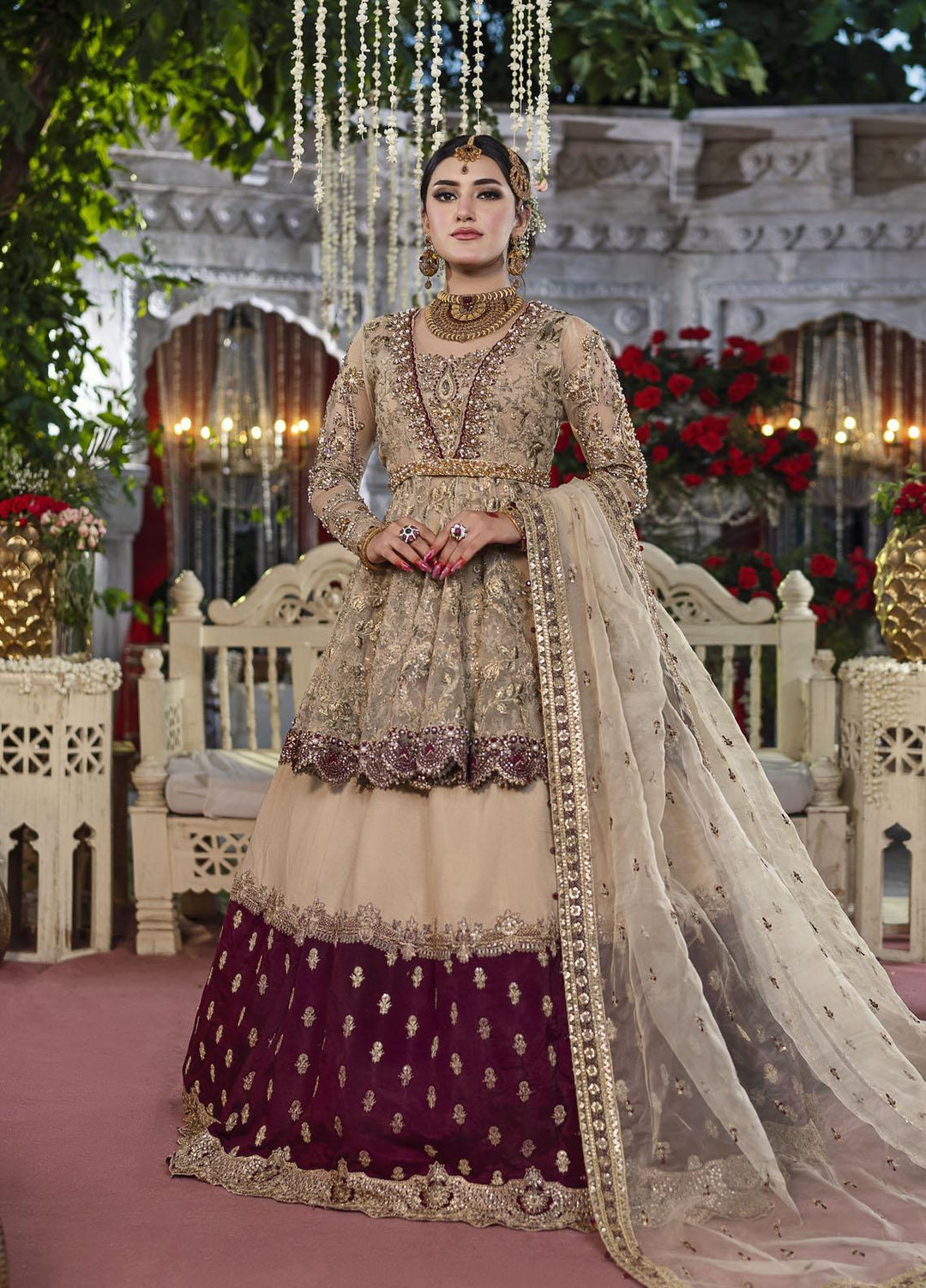 Qabool Hai by Maria Osama Khan Embroidered Net Suits Unstitched 3 Piece MOK22QW SURKHAB - Luxury Wedding Collection