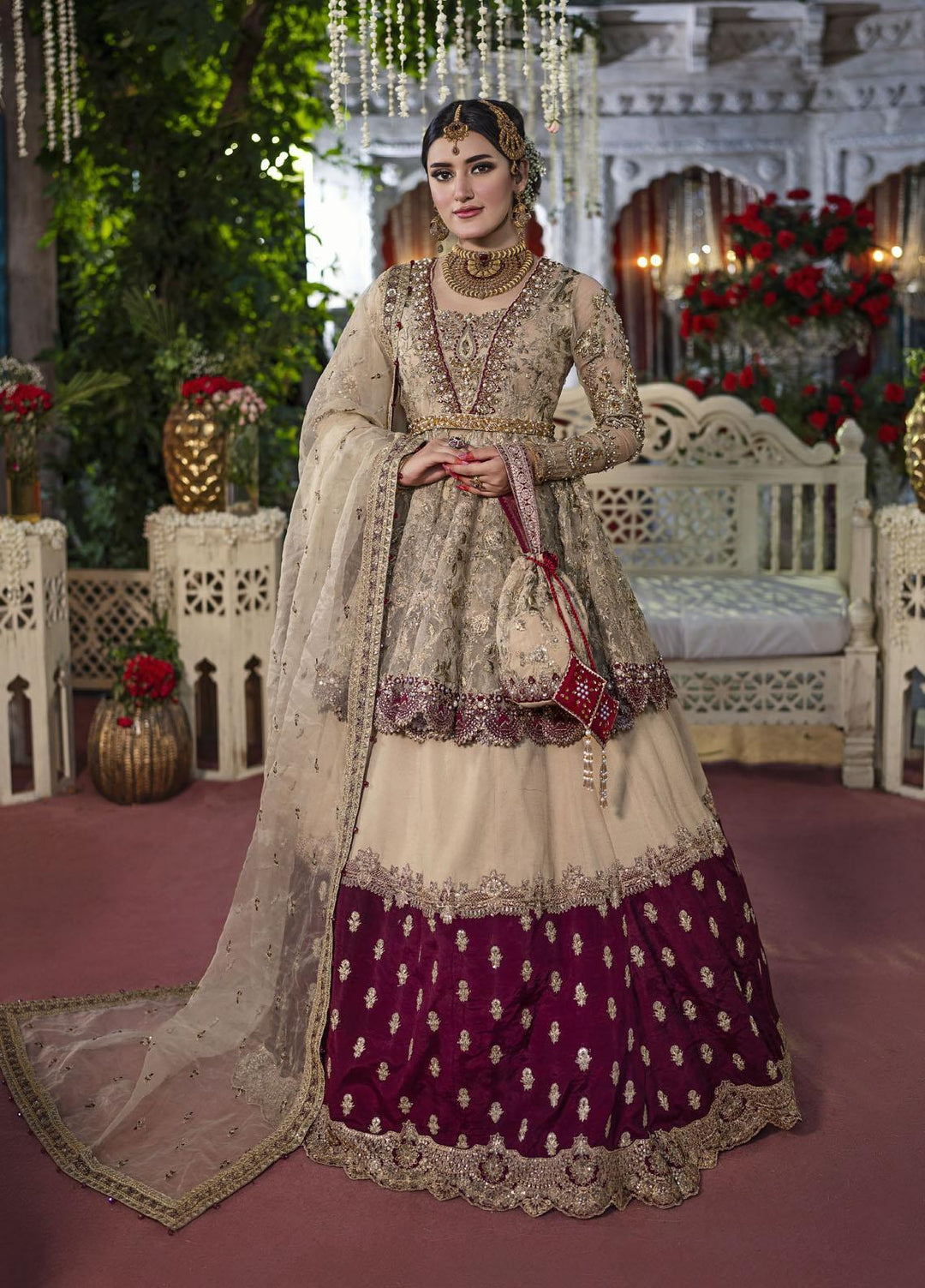 Qabool Hai by Maria Osama Khan Embroidered Net Suits Unstitched 3 Piece MOK22QW SURKHAB - Luxury Wedding Collection