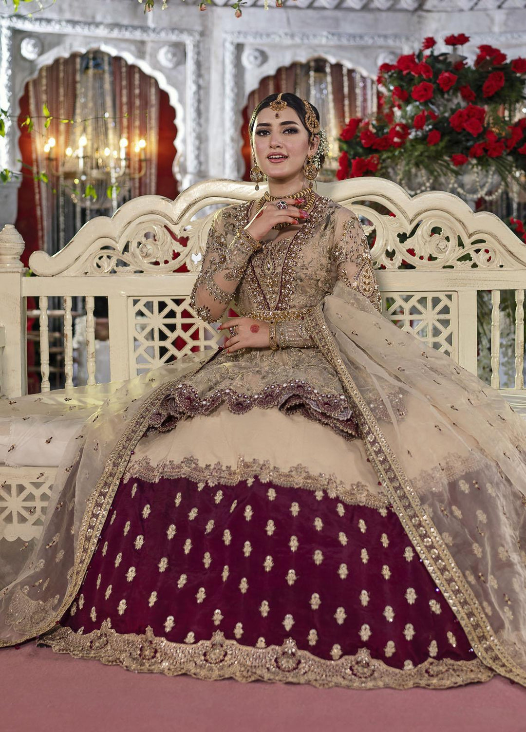 Qabool Hai by Maria Osama Khan Embroidered Net Suits Unstitched 3 Piece MOK22QW SURKHAB - Luxury Wedding Collection