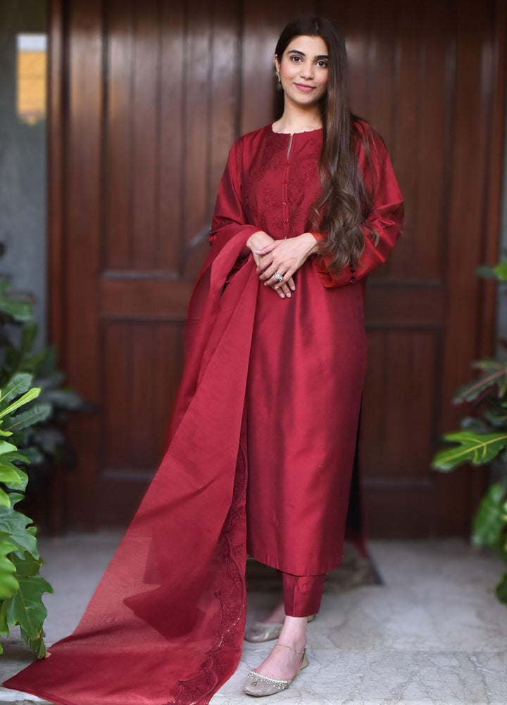 Maroon by Iqra Chaudhry Luxury Pret  Silk 3 Piece Suit CRIMSON RED